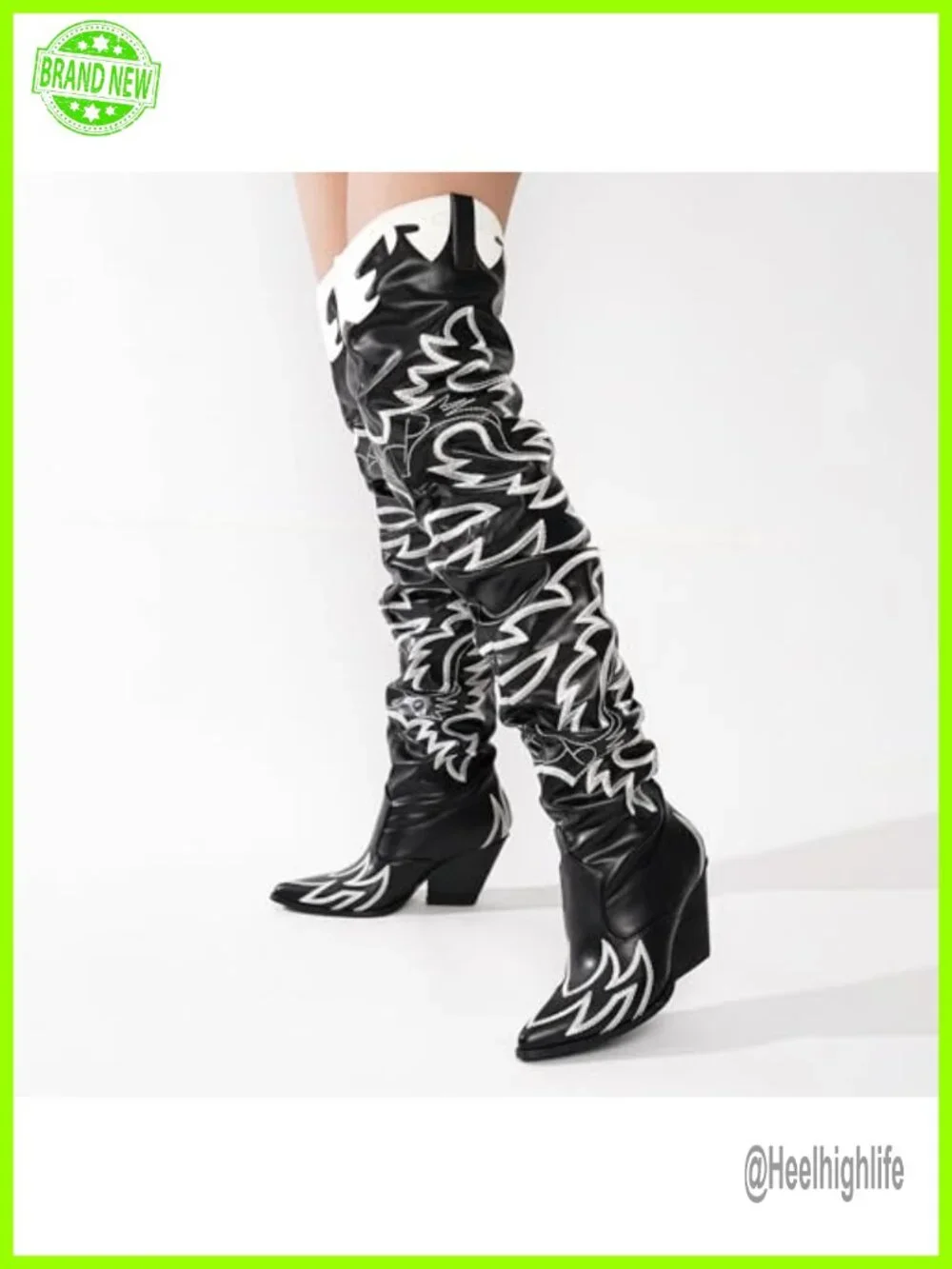 Faux Leather Cowboy Boots - Over The Knee Chunky Heel Pointed Toe